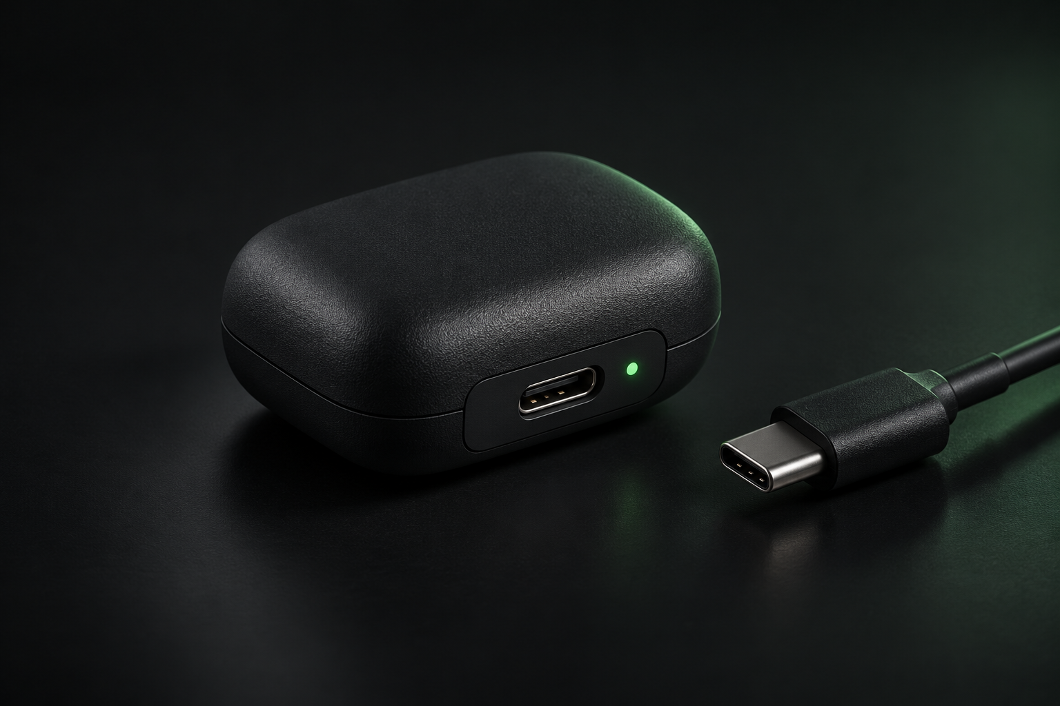 Concept render of a tiny matte-black sensor pod with a USB-C port, shown beside a USB-C cable for scale